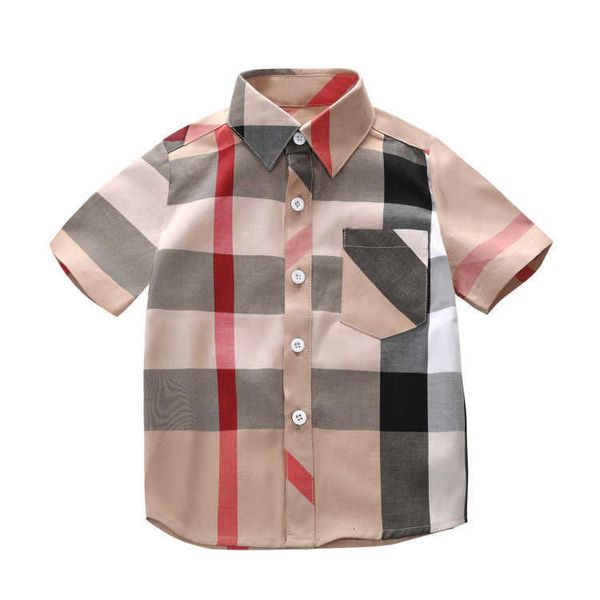 Chemise d'été en coton pour enfants, haut fin à carreaux, chemise à revers, manches courtes, vêtements pour enfants de petite et moyenne taille