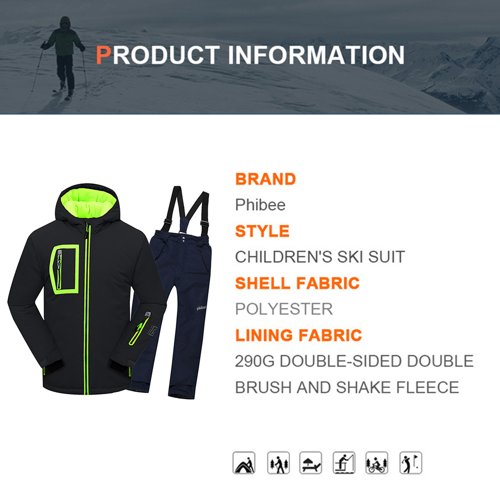 子供用スキースーツパーカー風力発電暖かい冬のジャケット+ビブパンツウォータープルーフボーイズスノースーツフルジッパーキッズ服セット