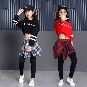 Costumes de sport pour enfants Vêtements en coton Mode coréenne Hip Hop Streetwear Adolescentes Sweats à capuche Sweat + Jupe-pantalon à carreaux 210622