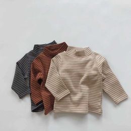 Gestreepte kinderen Plus Fluwelen Basis Tops Winter Korea Lange Mouw Halve Kraag Thicken T-shirts voor jongens en meisjes 210615