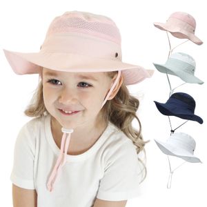 Kinderzonnen hoed 2023 Zomer pure kleur gaas ketting outdoor bucker hoeden meisjes jongens uv beschermende sunhat