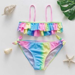 Children's Swimwear 3 1414y Teen Girls Swimsuit Bikini Set Two Pieces Girls Douche regenboogprint kinderen badkinderen strand dragen zwempak p230509