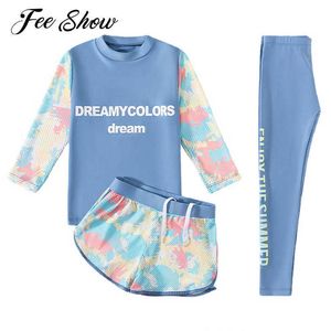 Children's Swimwear Kids Girls Rash Guard Zwempak 3pcs zwempak Zomerzonbescherming Snel drogen lange mouw top + shorts broek sets p230509