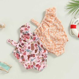 Children's Swimwear zomer pasgeboren babymeisjes badpakken 0-3y een schouder gegolfde laarzen cactus bloemenprint bodysuits bikinis strandkleding p230509