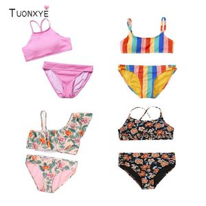 Children's Swimwear Tuonxye Girls Swimwear Swimsuits Outfits Off Shoulder Crop Top Floral Print Brils Set Children Bikini Beachwear Bathing Suits P230509