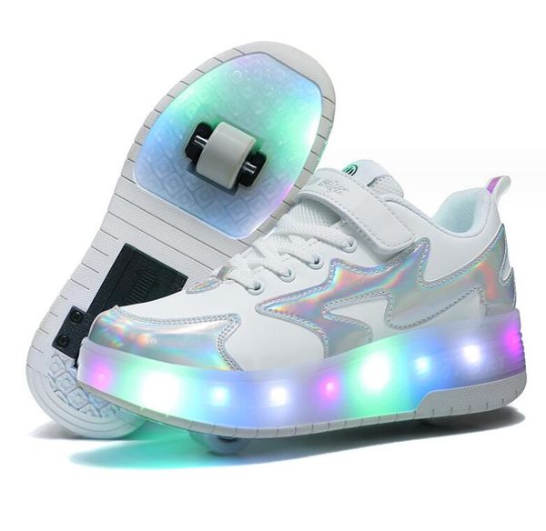 Enfants deux roues lumineux brillant baskets talons rose lumière Led patin à roulettes chaussures enfants chaussures Led garçons filles USB charge