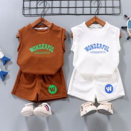 Kindervest set jongens tops shorts shirts mouwloze zomerkleding tees grote meisjes peuter jeugd losse kinderen kleding roze witte koffie groen g x9ir#