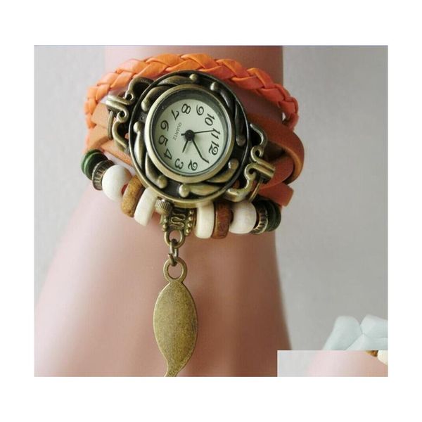 Relojes para niños Pulseras de cuarzo retro Hoja Colgante Pu Correa de cuero Vestido Brazalete de muñeca Vintage Weave Wrap Reloj de pulsera Mujeres Niñas Dhtft