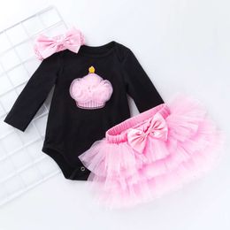 Children's Wear Automne Baby Girl Long Marile Cartoon Rucer Rose Pink Six Mouper TROIS PIET SET