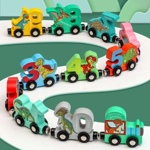 Train magnétique en bois pour enfants, éducation précoce, dinosaure, bloc de traînage cognitif numérique, voiture, jouet Puzzle pour bébé