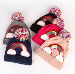 Bonnet en laine pour enfants Hiver chaud arc-en-ciel brodé chapeaux tricotés pour garçons et filles bébé casquettes