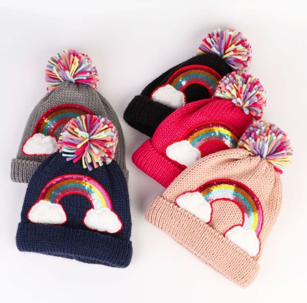 Sombrero de lana para niños Sombreros de punto bordados de arco iris cálido de invierno para niños y niñas gorras de bebé