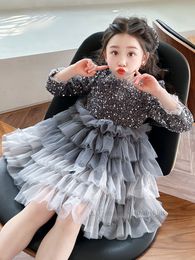 Enfants paillettes manches bouffantes robes de princesse filles à plusieurs niveaux dentelle tulle robe de gâteau 2024 printemps enfants vêtements de fête d'anniversaire Z7160