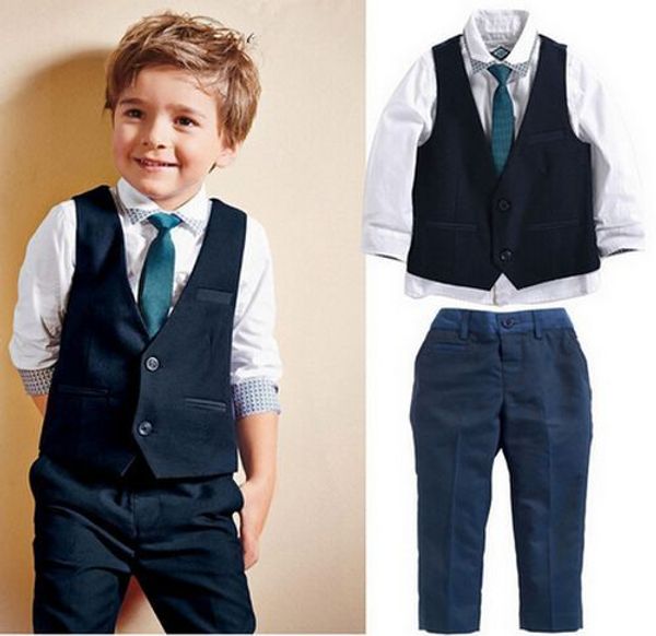 Ensemble de vêtements de printemps pour enfants, 4 pièces, costumes avec cravate, chemises en coton, gilet et Jeans pour hommes