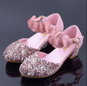 Enfants chaussures pour filles à talons hauts princesse sandales mode enfants chaussures paillettes en cuir papillon filles robe de soirée mariage danse GA588