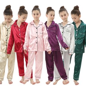 Enfants Silk Satin Pajamas Set Baby SleepingWear Pijama Color Solid Color Pyjamas Boys Girls Sleep Automne Kids Loungewear 240408