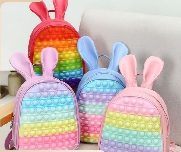 Enfants stéréo oreilles de lapin sacs à dos filles garçons décompression serrant double sac à bandoulière enfants arc-en-ciel silicone sacs de bande dessinée Z3053