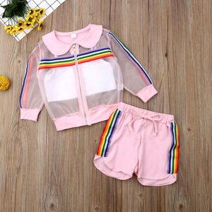 Kinderen zomerkleding peuter kinderen baby meisje mesh jas vest broek outfit 3 stks sunsuit kleurrijke regenboog gestreepte set