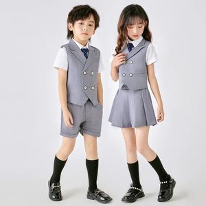 Traje de uniforme de la escuela de verano para niños Conjunto de uniformes para niños pantalones cortos de chaleco gris bits