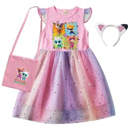 enfants superkitties costumes enfants cosplay super chattes pour filles manches volantes robe en ligne avec sac et bandeau l2405