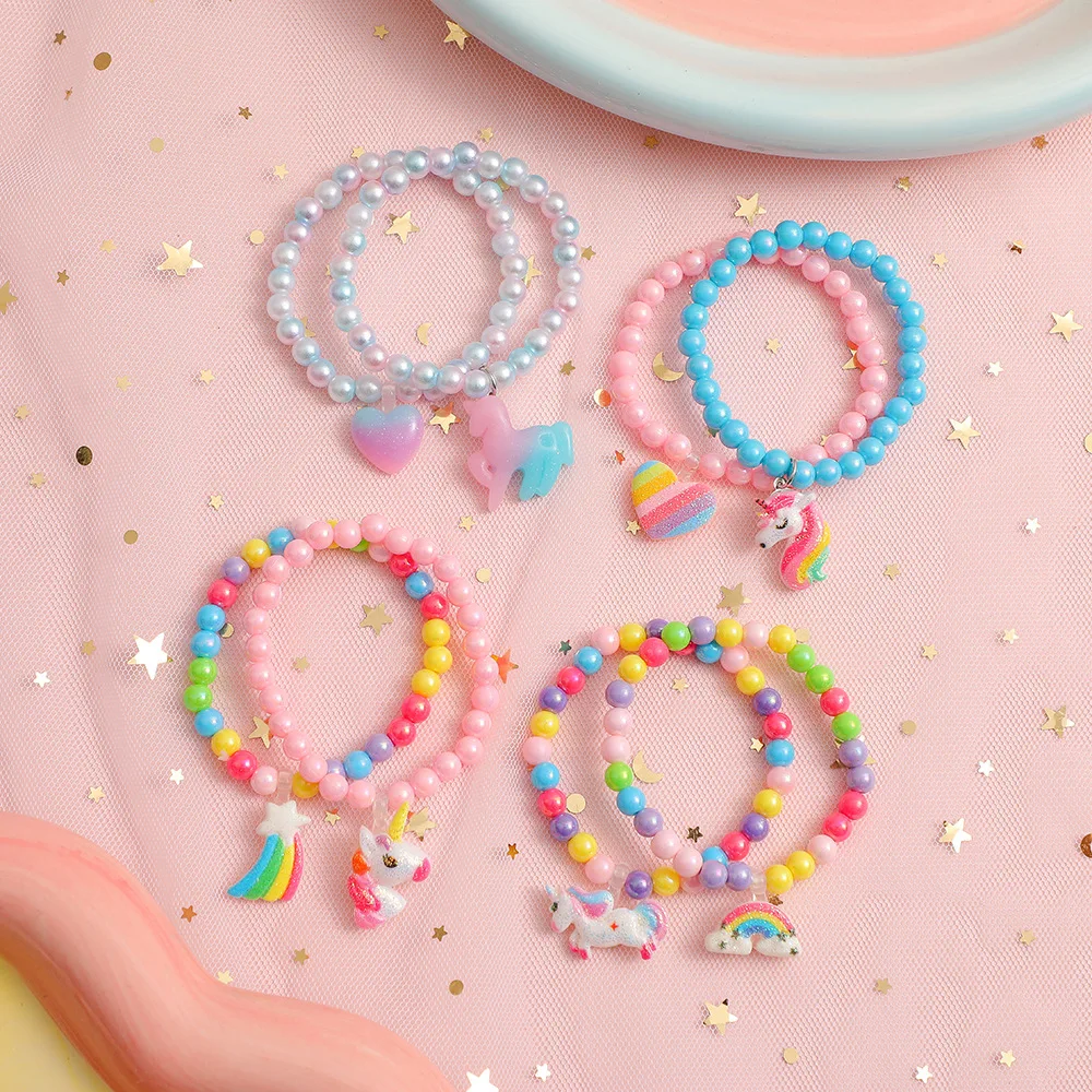Children Sweet 2PCS Bracelet Set Unicorn Cute Pendant Pink Beaded Girls Bracelet Beads DIY Jewelry