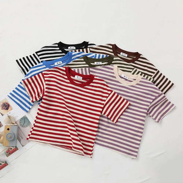 Enfants T-shirt Stripe Tops for Kids 2024 Summer Casual Boys Shirts Girls Blouse Blouse Cotton Toddler Tees Baby Ourwear Clothing L2405