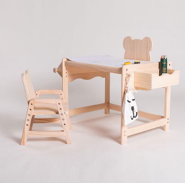 Tables pour enfants en bois massif chambre d'enfant peinture apprentissage créatif multifonctionnel ours table chaise hauteur de levage pin chaises de bureau
