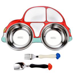 Enfants Vaisselle Set Plats en acier inoxydable Plaque d'alimentation pour bébé avec cuillère Fourchette Mignon Dessin animé Forme de voiture Conteneur alimentaire MBG0471 210226