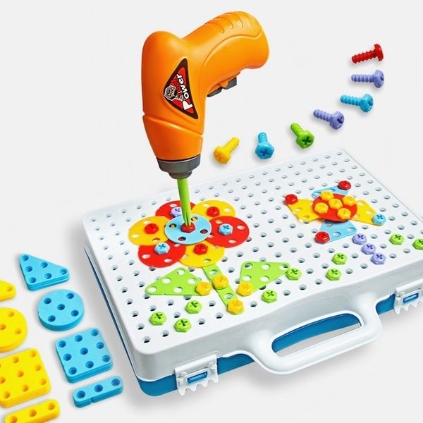 Enfants Jouets Perceuse Puzzle Jouets Éducatifs DIY Vis Groupe Jouets KidsTool Kit En Plastique Garçon Jigsaw Mosaïque Conception Bâtiment Jouet LJ201007