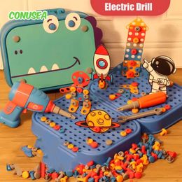 Kinderspeelgoedgereedschap Set Elektrische boorschroef Noot 3D Puzzel Toys doen alsof spelen Dinosaur -boormontage educatief speelgoed voor jongens 240420