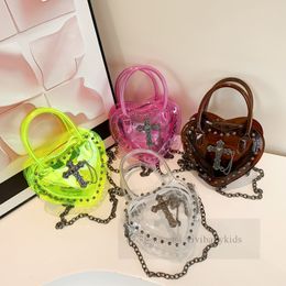 Enfants Transparent amour coeur sacs à main filles croix rivet gelée sac à bandoulière unique enfants métaux chaîne PVC sacs à bandoulière Z7384