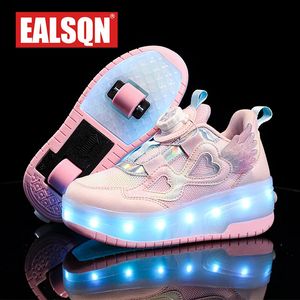 Kinderen Twee meisjes wielen Luminous gloeiende sneakers hakken Roze Led Light Roller Skate Shoes Kids USB opladen 240415