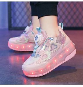 Kinderen Twee meisjes wielen Luminous gloeiende sneakers hakken Roze Led Light Roller Skate Shoes Kids LED -schoenen USB opladen 240430
