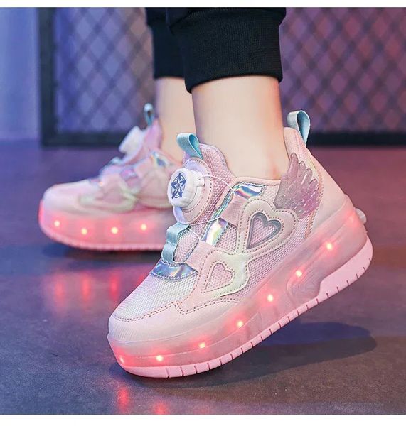 Enfants deux filles roues des baskets lumineuses luminaires talons roses LED LED Light Skate Skate Kids LED chaussures USB charge 240507