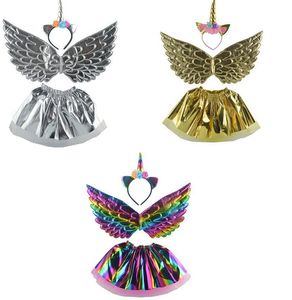 bambini Unicorn fascia tutu vestito ala 3 pezzi 1 set Unicorn Princess Rainbow Tutu Dress Kid Birthday Party Costume Set KKA7958