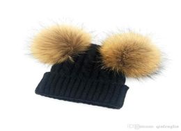 Kinderen Winter Hoed Met 2 Stuks Bont Pompoms Jongen Meisjes Natuurlijke Bont Bal Muts Kids Caps Dubbele Echt Bont Pom pom Hoed Voor Kinderen2952535