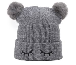 Chapeaux en laine pour enfants, ours clignotant brodé, Double boule de cheveux, garçons et filles, bonnet chaud pour bébé, 6 couleurs