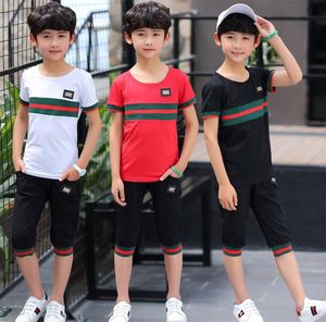 Children039s kleding jongen casual sportpak T-shirt shorts mode grote kinderen gestreepte t-shirt zomer nieuw zwart 812 jaar 8484432