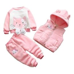 Children039s Kleding Jongen Meisje Baby Herfst En Winter Plus Fluwelen Verdikking Capuchon Cartoon Kat Driedelig Pak 04Y 2108042302722