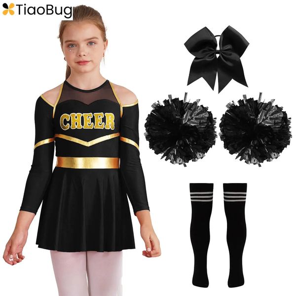 Vêtements de cheerleading pour enfants et filles Halloween Cheerleading Uniforme Long Mancolis Gymnastique Robe de danse avec Pom Pom Traité à cheveux Tie 240425