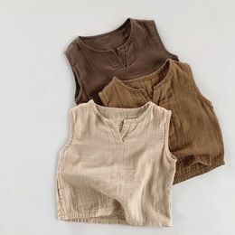 Vêtements pour enfants Sans manches coton lin coul Couleur des enfants Top décontracté Style japonais coréen 1 à 6 ans bébé fille T-shirt d'été 240424