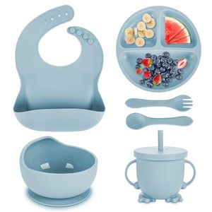 Childrens Dishes Set Baby Silicone Tableware 6PCS Sucker Bowl Bib Cup Fork Spoon Maternal and Infant Supplies BPA Free 240131