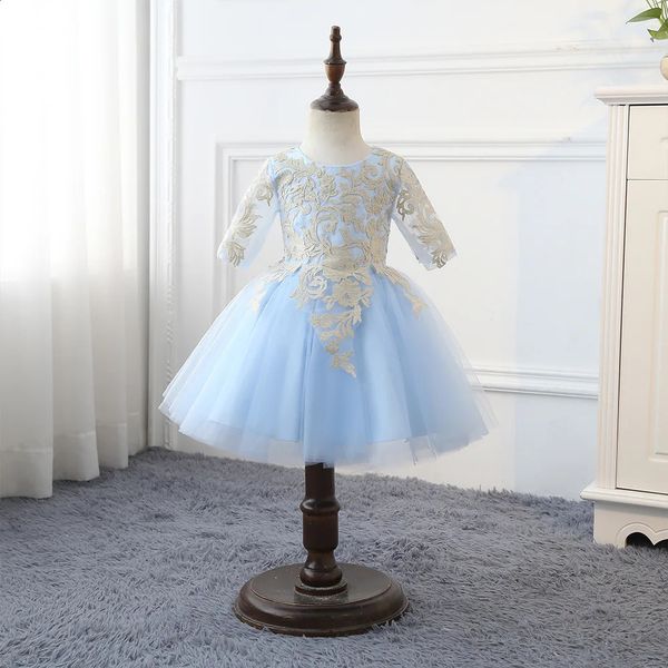 Robe en dentelle pour enfants, manches 34, spectacle d'anniversaire, jupe courte bouffante de princesse, 240309