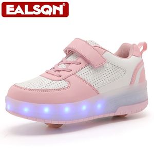 Childrens Dual Wheel Luminous Sports Shoes Roze LED Light op de hielrol Schaatsen Kinderschoenen LED -schoenen Boys Boys USB Charging 240527
