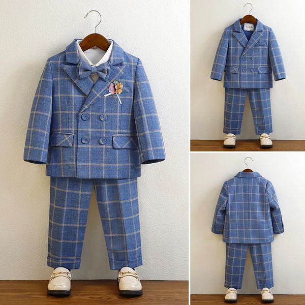 Ensemble de Costume à carreaux formel pour enfants, Costume de photographie d'anniversaire pour bébés garçons, Costume de photographie de mariage, Blazer et pantalon avec nœud papillon, 240109