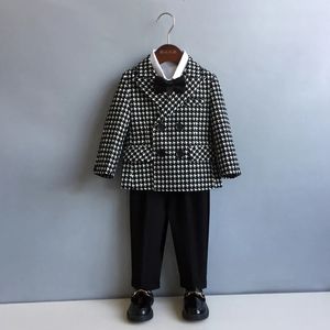 Childrens Houndstooth Formal Suit Set Boys Wedding Birthday Party Performance Costume Kids Double Breasted Blazer Pants Clothes 240130