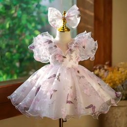 Vestido de princesa de princesa para niños Diseño de volantes estampado de moda Bautismo de cumpleaños de boda Pez Eid Party Girls Vestidos A2598 240407