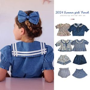 Kinderhemdpak Summer Jurk Girls Retro Style Bubble Sleeve geborduurde denim Top rok Pants Sets schattig 240515