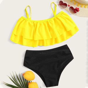 Childrens Split Swimsuit Little Two Pieces Girl Solid Color High Taille Beach