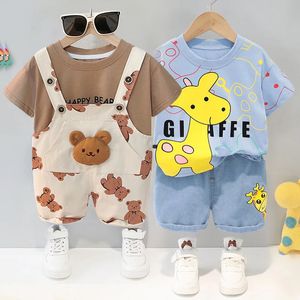 Lente- en zomerset voor kinderen, trui met lange mouwen, jeans, tweedelige babyjongens, meisjesset met giraffeprint 240314